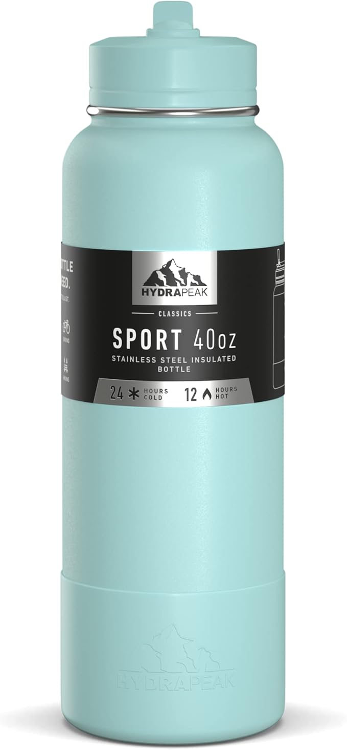 Hydrapeak 40oz Sport Insulated Water Bottle with Straw or Chug Lid, Leak & Spill Proof, Keeps Drinks Cold for 24 Hours, Hot for 12 Hours, Premium Stainless Steel Water Bottles (40oz, Alpine)