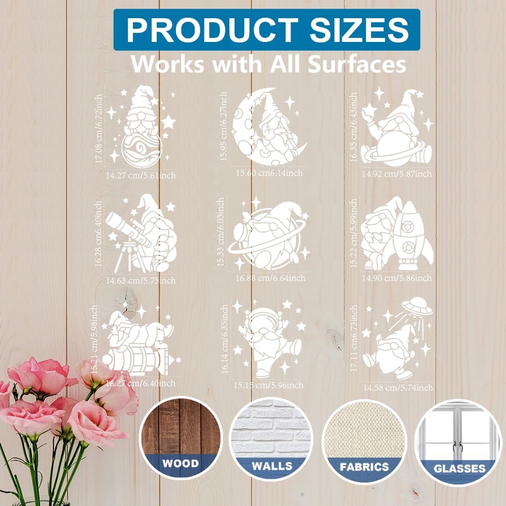 MAYJOYDIY 9pcs Astronaut Gnome Stencils 7.8×7.8inch Large Space Theme Gnome Stencil with Paint Brush Planet Moon Telescope Rocket UFO Template for Wood Canvas Wall Furniture