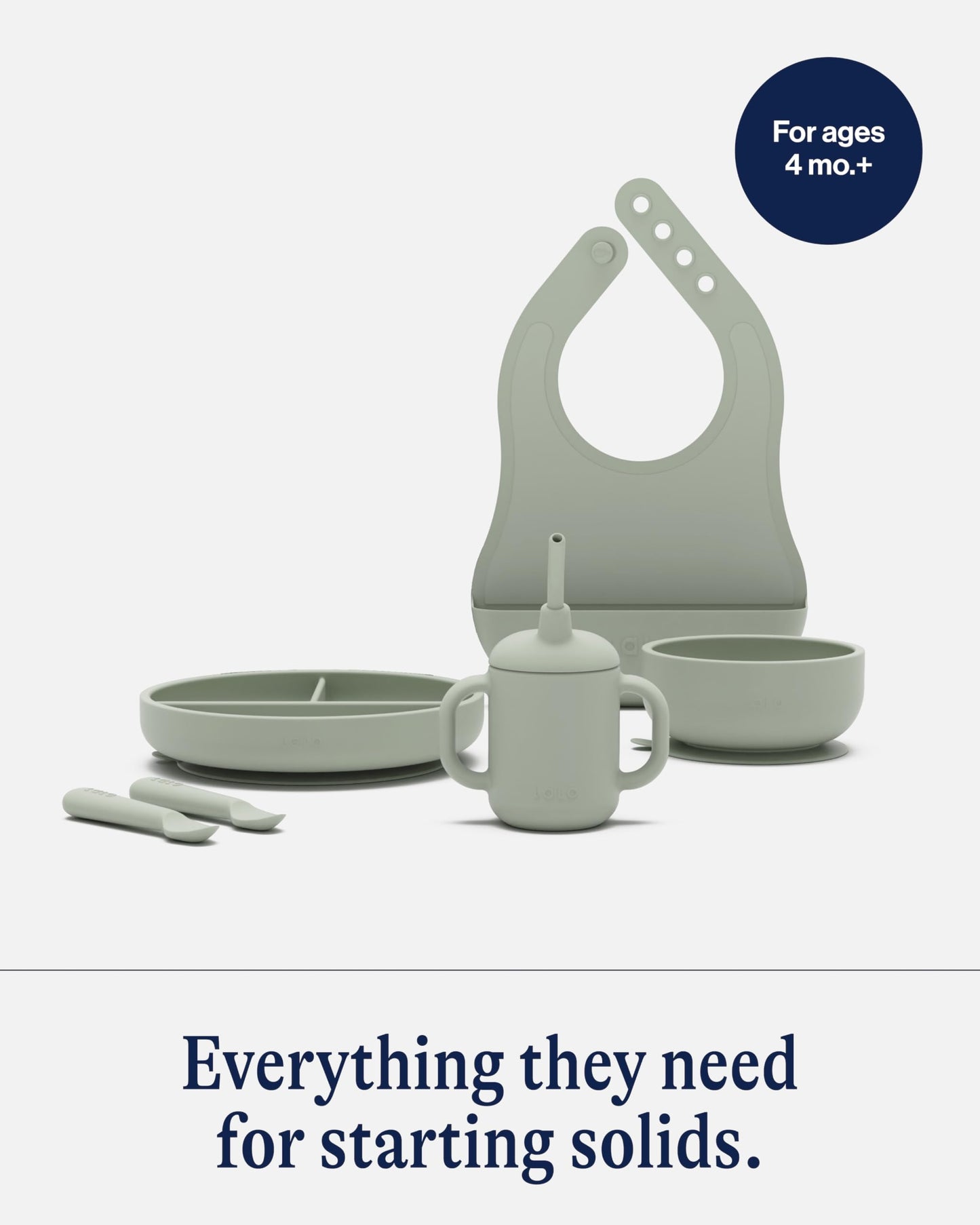 Lalo First Bites Silicone Baby Feeding Set - Baby Led Weaning Supplies - Non-Toxic Silicone - Includes 1 Bib, 2 Spoons, Training Cup, Suction Plate and Bowl - 6 Pieces - Sage