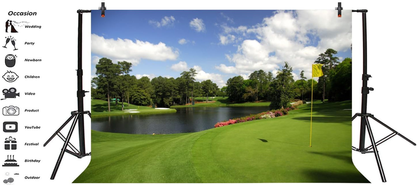 Golf Course Backdrop - Woodland Green Grass Lawn Flag Lake Sports Backgrounds for Photography, Party Decorations, Birthday Banner, Photo Studio Props - 5x5ft