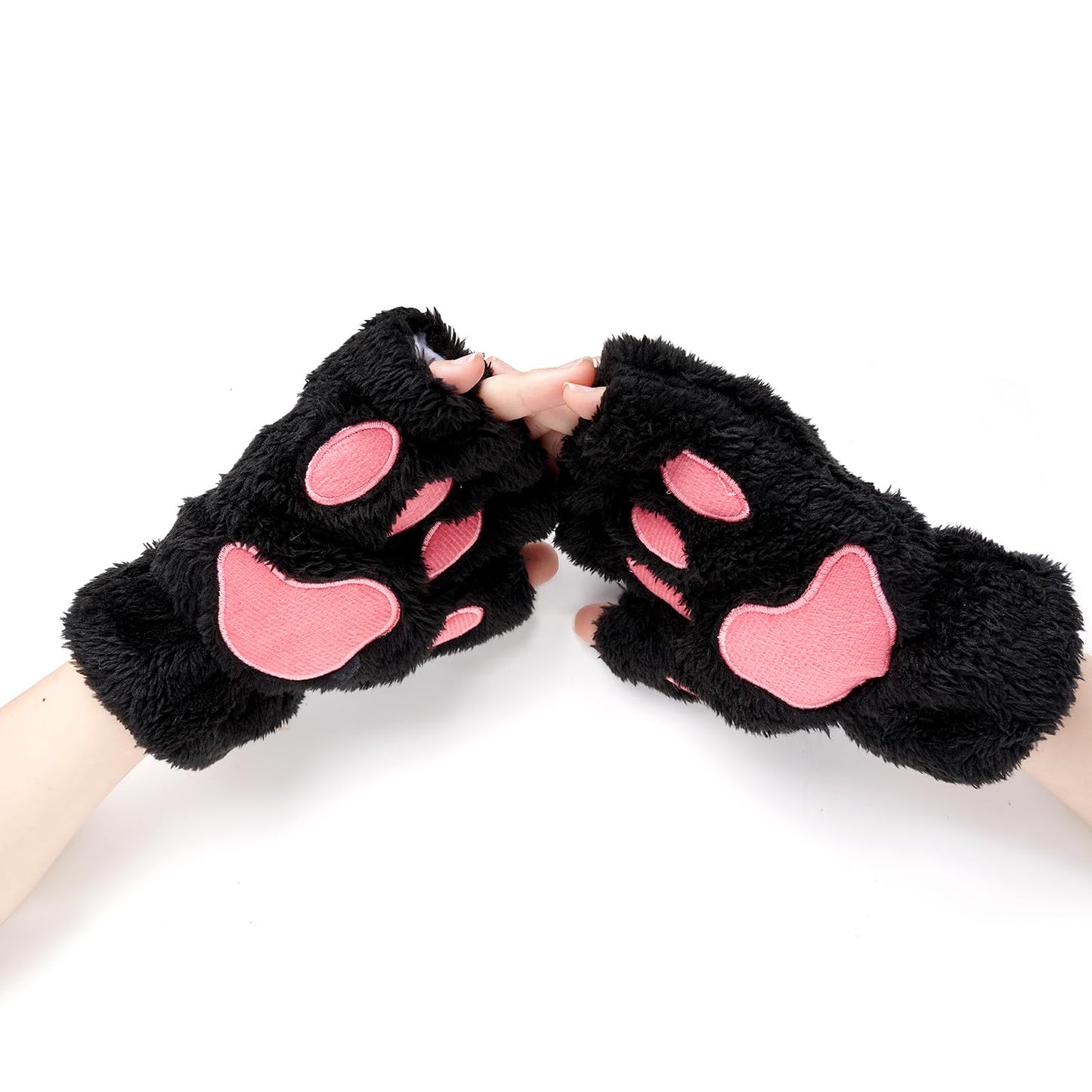 Hmxpls Fingerless Cat Paw Gloves, Winter Furry Bear Paw Gloves Cosplay Costume Accessories (Black)