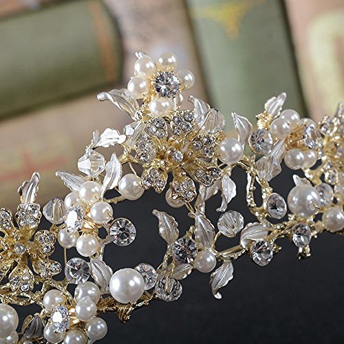 FXmimior Vintage Gold Flower Bead Bridal Wedding Crown Headband Women Crystal Tiara Headpiece Wedding Hair Accessories