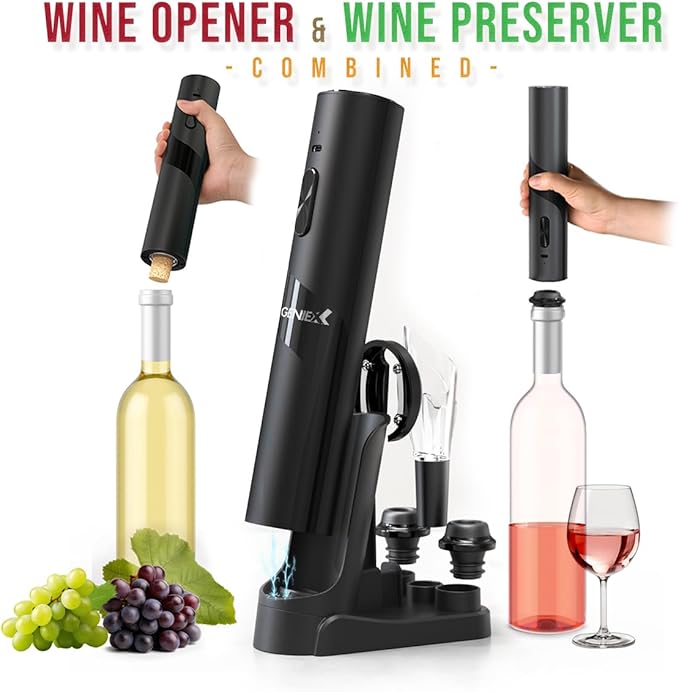 Electric Wine Opener with Charging Base | Electric Corkscrew Wine Bottle Opener at BOTTOM END + Auto Wine Saver Pump at TOP - Cool Wine Gifts and House Warming Gift