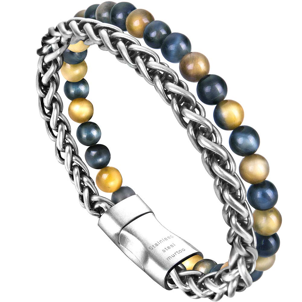 murtoo Mens Bead Leather Bracelet, Blue and Brown Bead and Leather Bracelet for Men (Silver)