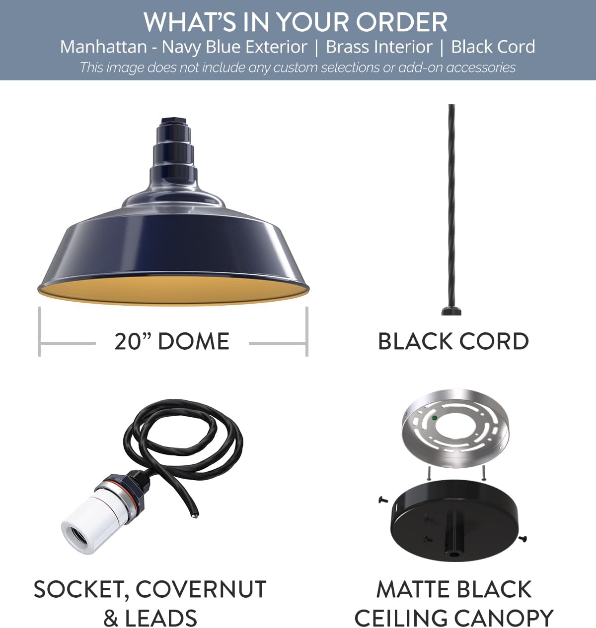 Steel Lighting Co. Manhattan Warehouse Light | Ceiling Mounted Pendant | 20 inch Dome | 4' Black Cord | Large Steel Barn Light Made in America | Navy Blue Exterior/Brass Interior