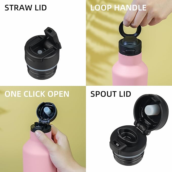 BJPKPK Insulated Water Bottle With Straw 17oz Stainless Steel Water Bottles With 2 Lids And Carry Handle Reusable Travel Metal Thermal Flask,Light Pink