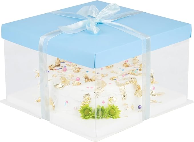 Restaurantware-Sweet Vision 10 Inch x 8.25 Inch Transparent Cake Boxes, 10 Grease Resistant Base Clear Cake Boxes - Blue Lid, Blue Ribbon, Plastic Birthday Box, For Weddings Or Birthdays