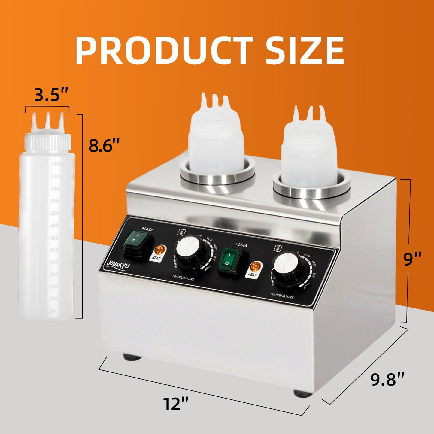 JOHAKYU Commercial Electric Sauce Warmer Dispenser – Stainless Steel Countertop Hot Fudge/Nacho Cheese Warmer with 2×650ml Squeeze Bottles and 2 Funnels (2 Grids)