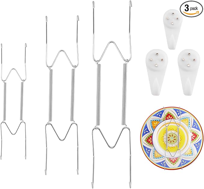 3 Pack 10/12/14 Inch Decorative Plate Medium Plate Hangers for The Wall, Invisible Stainless Steel Plate Wall Hangers for Display with Wall Hooks, for Plates/ Platter/Dish/Picture （Silver）