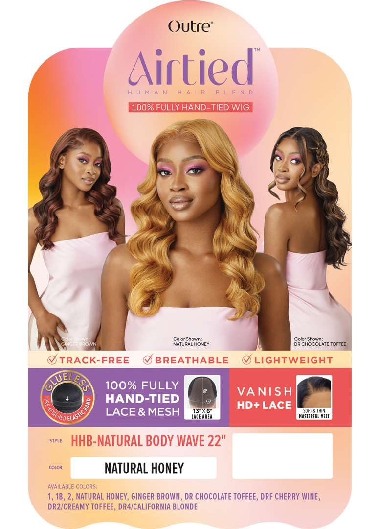 Outre Airtied 100% Fully Hand-Tied Wig - Human Hair Blend - Natural Body Wave 22 (OFF BLACK 1B)