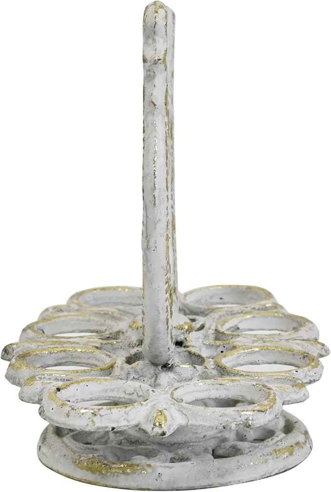 Vintage Cast Iron Chicken Egg Holder, Rustic Farmhouse Kitchen Decor Egg Tray, Heavy Duty Retro Decorative Table Display Stand for 8 Eggs (White with Gold)