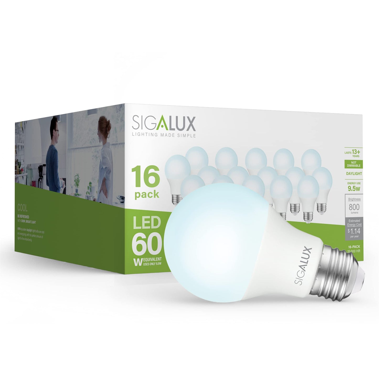 Sigalux A19 Led Light Bulb 60W Equivalent, 9.5W, 800Lm, Non-Dimmable, Daylight 5000K, E26 Base, Ul
