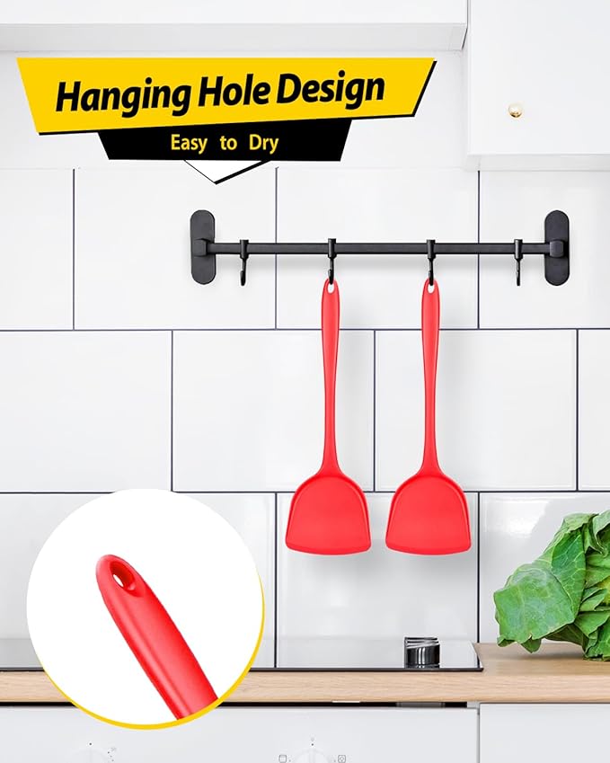 Pack of 2 Silicone Wok Spatula, Non-Stick, Heat Resistant, Easy to Clean and Dishwasher Safe, Seamless Kitchen Utensil for Cooking, Baking, Stir-Fry (Red)