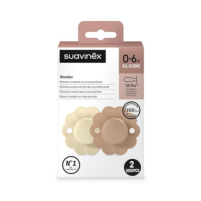 Suavinex Wonder Baby Pacifier, SX Pro Silicone Nipple, Reversible, Non Irritating Shield Design, 2 Pk Pacifiers 0-6 Months, Made in Europe, Gray/Cork