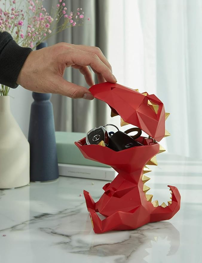 HAUCOZE Dinosaur Statue Candy Dish Key Bowl Dino Gifts Sculpture Modern Home Decor Accessories Pop Arts Polyresin Cookie Jar Red 7.5 inch