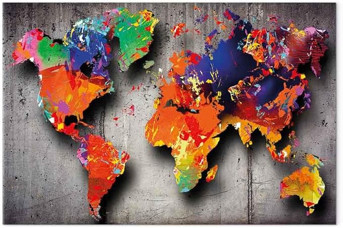 artgeist Canvas Wall Art World Map 35x24 in - 1pcs Home Decor Framed Stretched Picture Photo Painting Artwork Image - Map Worldmap Continents Grey Colorful k-A-0507-b-a
