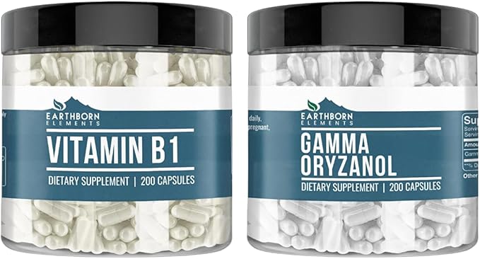 Earthborn Elements Vitamin B1 (Thiamine Mononitrate) and Gamma Oryzanol Bundle, 200 Capsules Each, Pure & Undiluted, No Additives