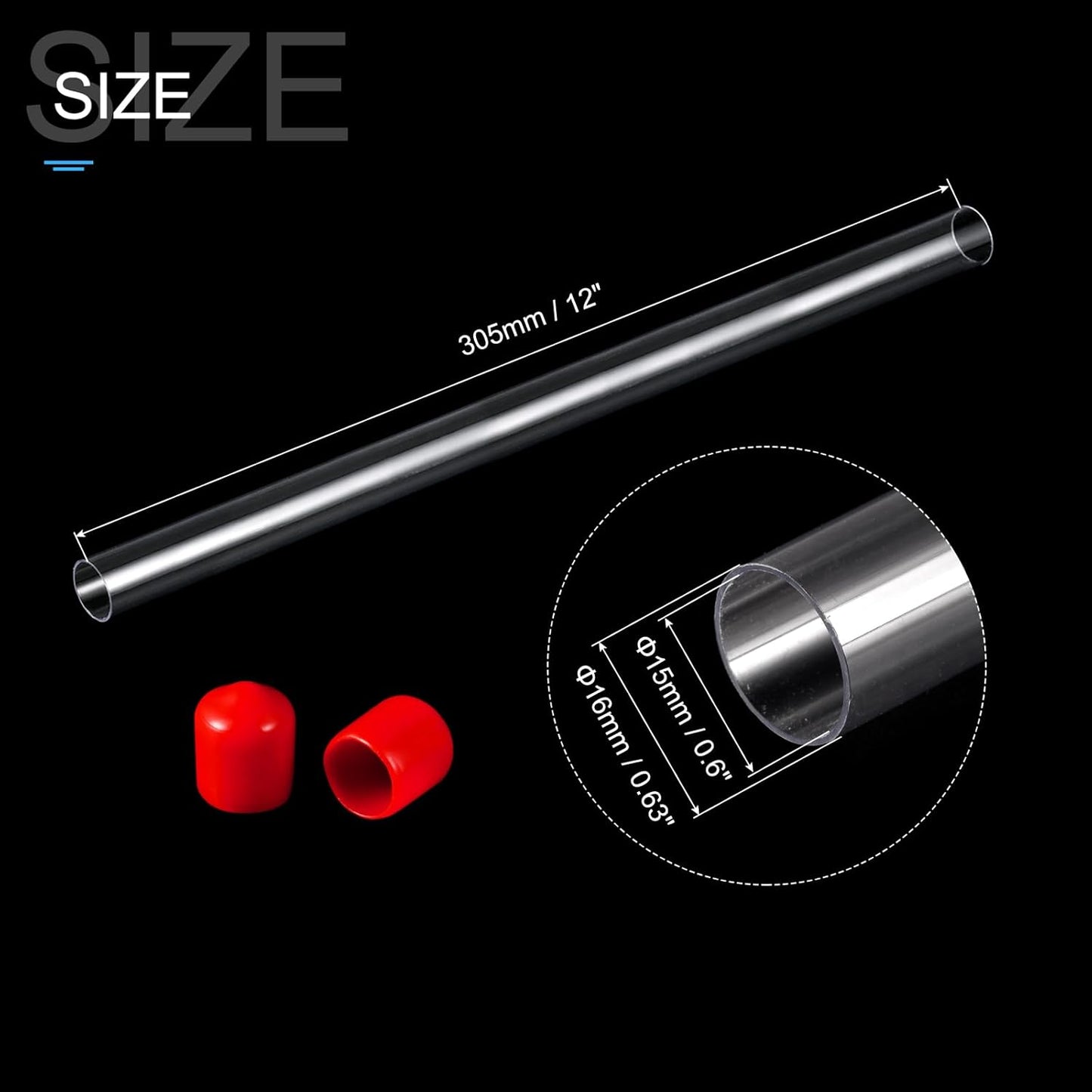 PATIKIL Clear Rigid Tube Round Plastic Tubing with Red Rubber Caps Polycarbonate Water Pipe, 305mm/ 12 Inch Length, 15mmx16mm/0.6"x0.63", 2 Set