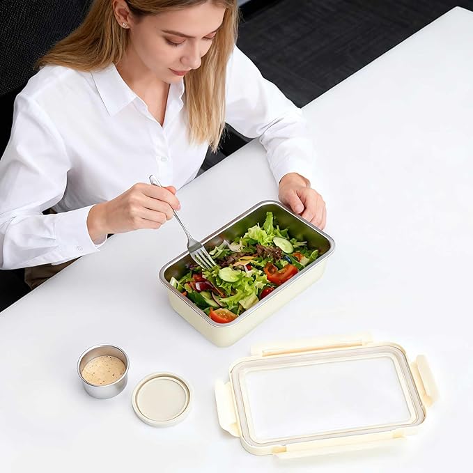 YINGRACE Stainless Steel Lunch Box Container for Adult, 42oz/1250ml Leak Proof Bento Box, Microwave-Safe with Removable Divider, Clear Airtight Lid Lunchbox for Work, Hike, Travel, Beige
