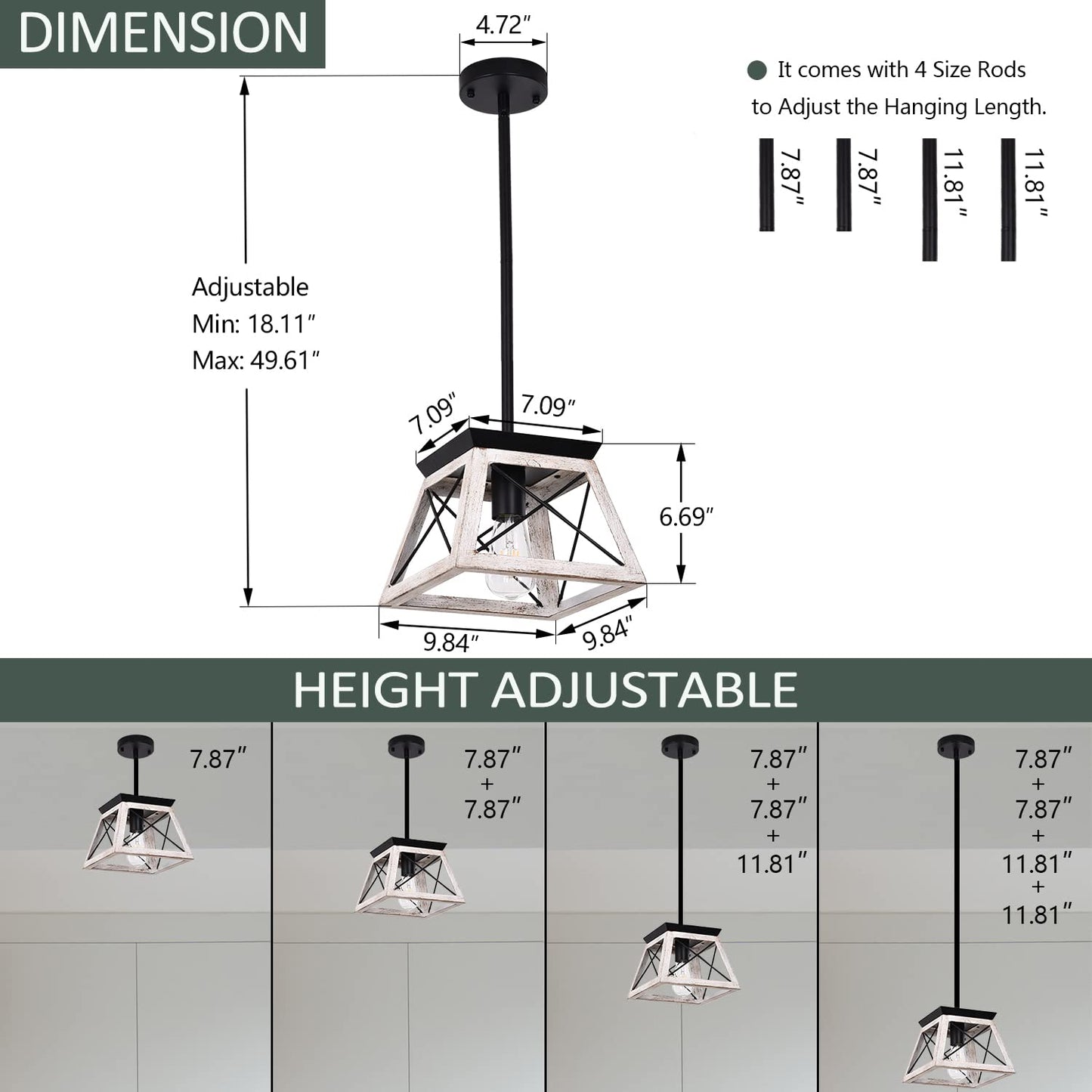 Luupyia Farmhouse Pendant Light Fixture, Adjustable Height, Metal, Beige, Model M07, Small Square Chandelier for Dining Room, Entryway