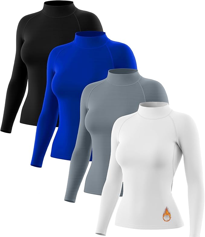 Coume 4 Pack Women Thermal Turtleneck Shirts Women Mock Turtle Neck Long Sleeve Tops Fleece Lined Compression Basic Layer