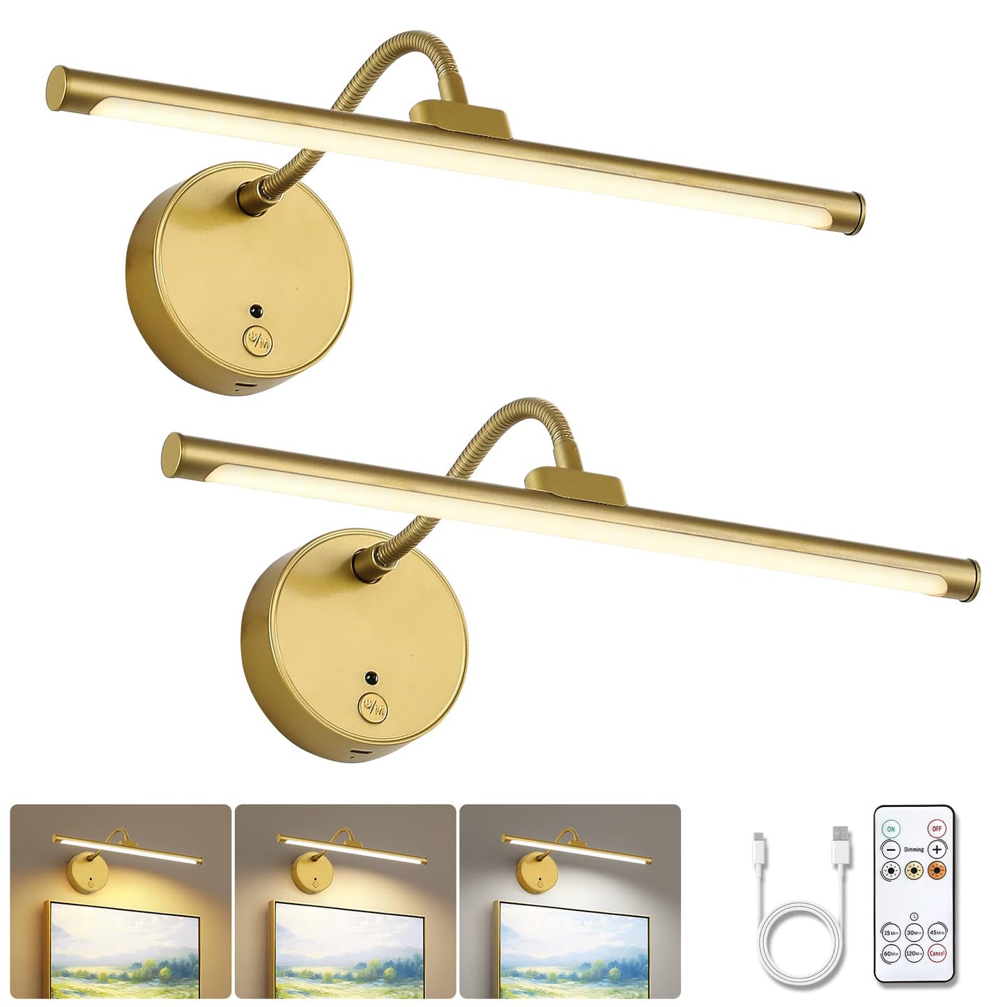 Picture Lights For Wall - Wireless Rechargeable Led Light With Remote  Adjustable Arm  Gold Battery Operated Display Lighting For discomfort-reducingtings  Bedroom  Gallery Wall D?Cor (Gold  12.6 Inch - 2Pack)