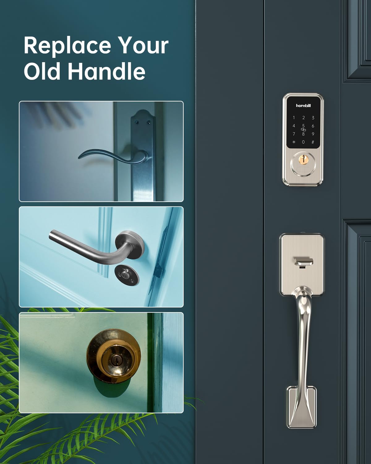Smart Locks for Front Door, Hornbill Keyless Entry Door Lock Deadbolt with Handle Set, App Control, Touchscreen Keypad, Bluetooth Keyfobs Code Unlock, Satin Nickel