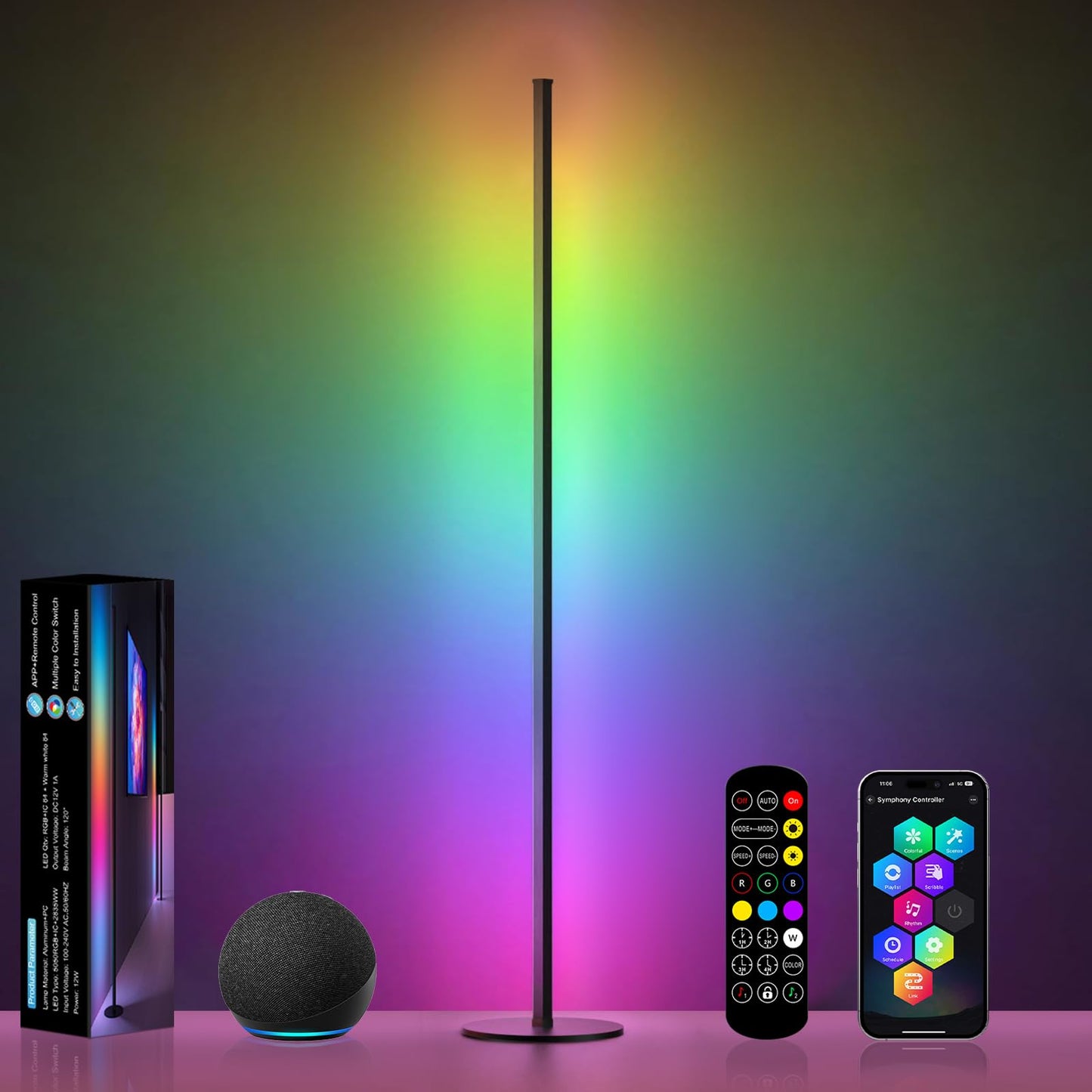 Eastfine Smart LED Corner Lamp, 55in, Aluminum, Compatible with Alexa, 16 Million Colors, Remote & APP Control