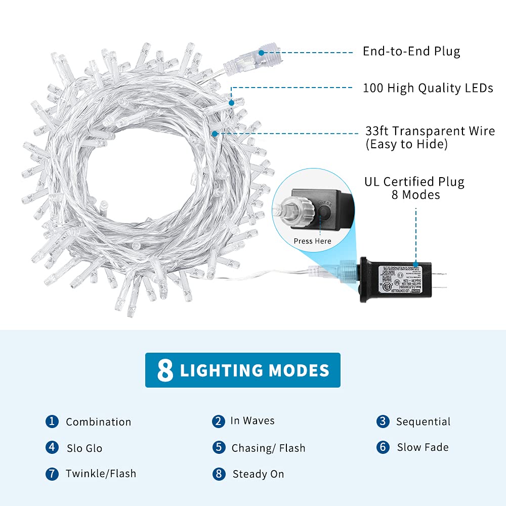 VTECHOLOGY Christmas String Lights, 33FT, 100 LEDs, Multicolor, Copper, Model QL300IE, 8 Modes, Indoor/Outdoor Fairy Lights