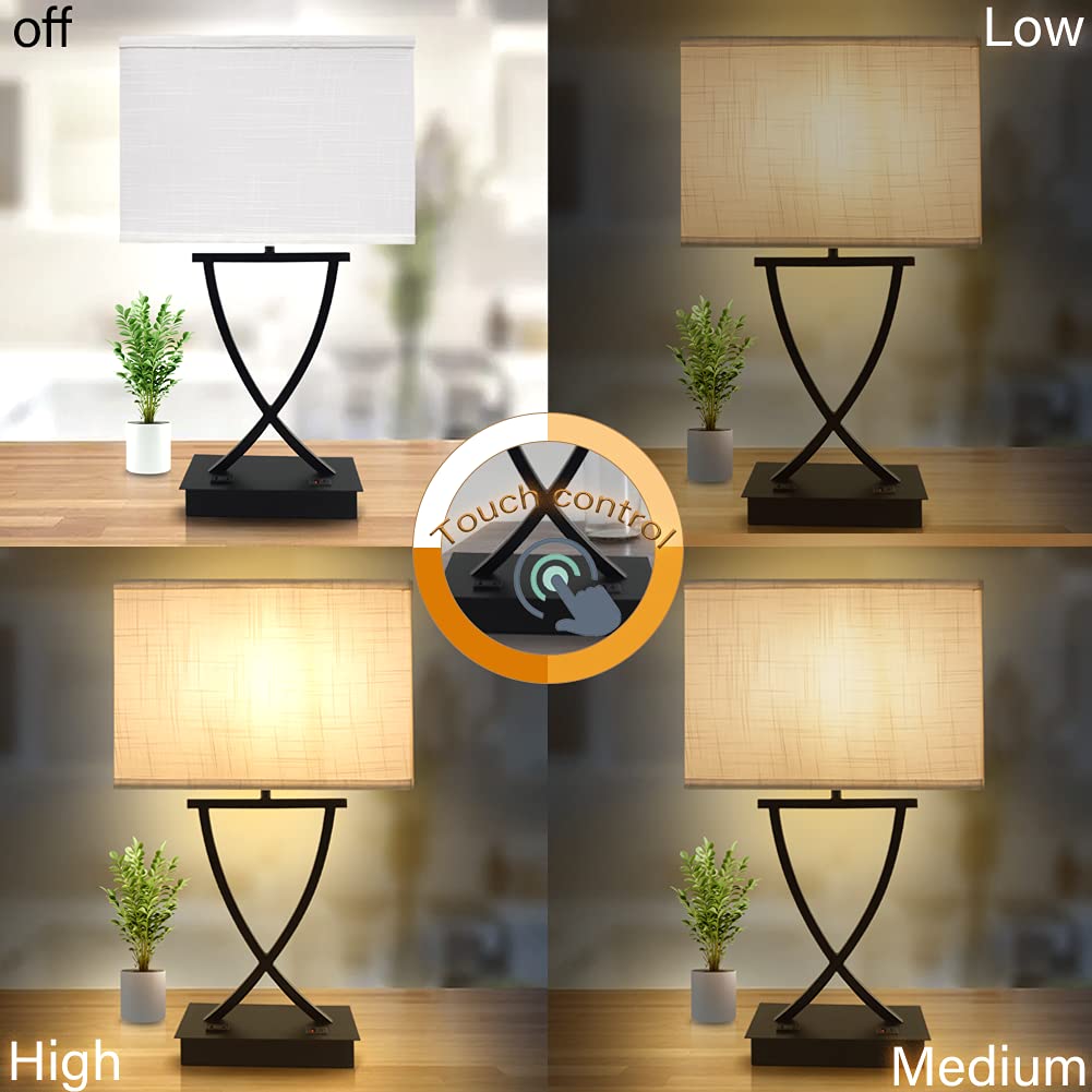 OYedis 3-Way Dimmable Touch Control Table Lamp with USB Charging Port, AC Outlet, 21.38in, Flat Black, Model T002