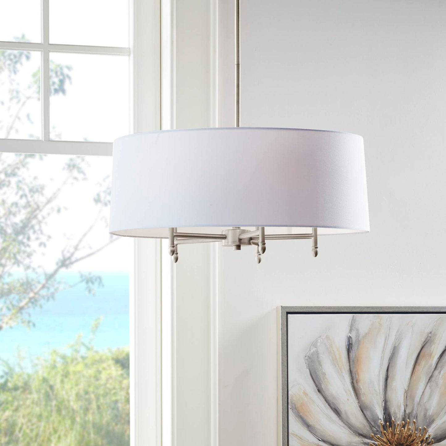 Hampton Hill 5-Light Presidio Chandelier, Modern Design For Dining Room, Adjustable Height, 24 W, Silver/White, Model Mps150-0107