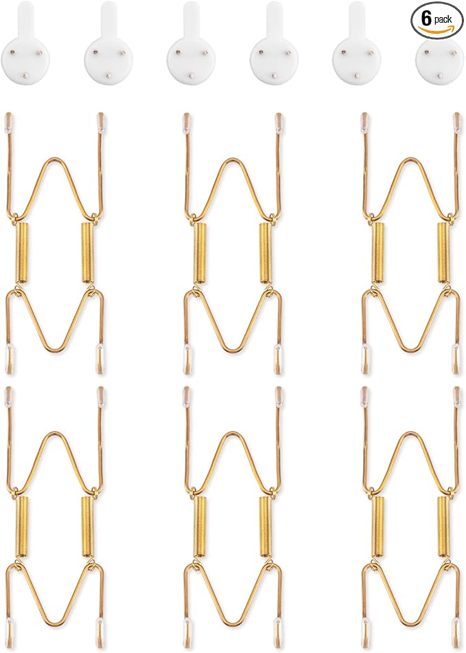 6 Pack Plate Hangers for The Wall, Suitable for 4-5 inch Art Plate, Stainless Steel Invisible Heavy Duty Wire Plate Holder with Wall Hooks, Plate Hangers for Displaying Plates, Platter, Dish, Gold