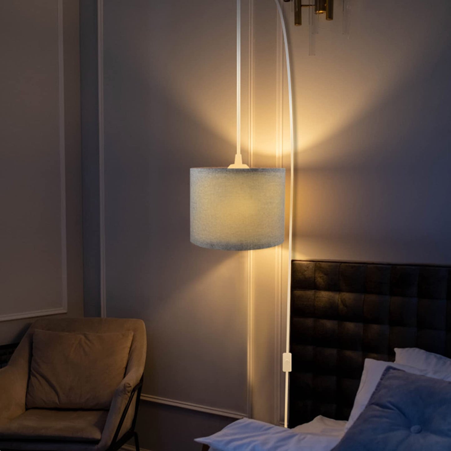Kuaugst Plug-In Pendant Light, 15 Ft Hanging Lamp With Fabric Shade, On/Off Switch, Gray