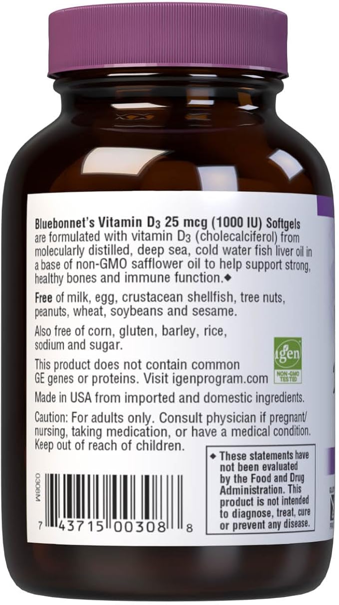 Bluebonnet Nutrition Vitamin D3 1000 IU Softgels, Aids in Muscle and Skeletal Growth, Cholecalciferol from Fish Oil, Non GMO, Gluten Free, Soy Free, Dairy Free, 100 Softgels