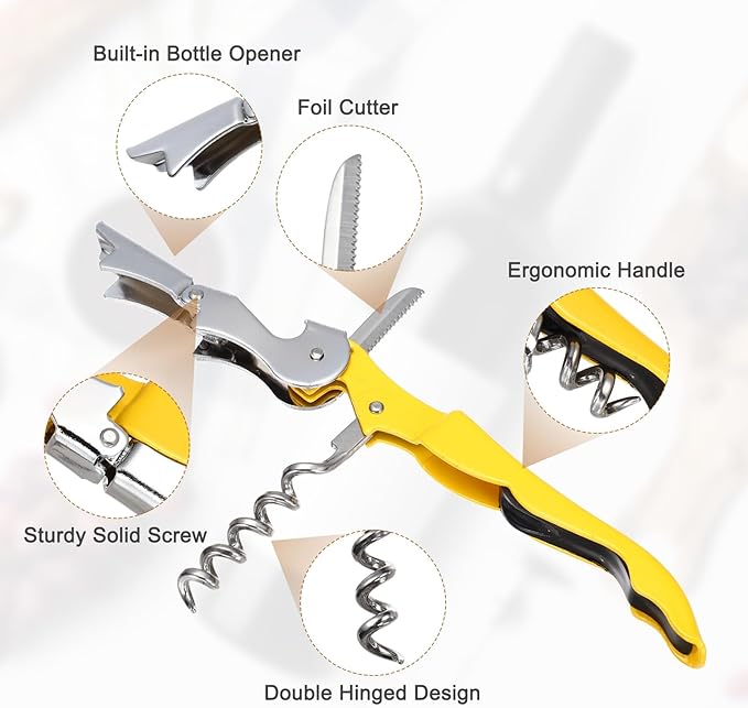uxcell 4 Pcs 4.8" Stainless Steel Wine Opener, Waiter Corkscrew Professional Wine Key Bottle Opener with Double Hinged Foil Cutter for Bar Servers Waiter Bartender and Home, Yellow