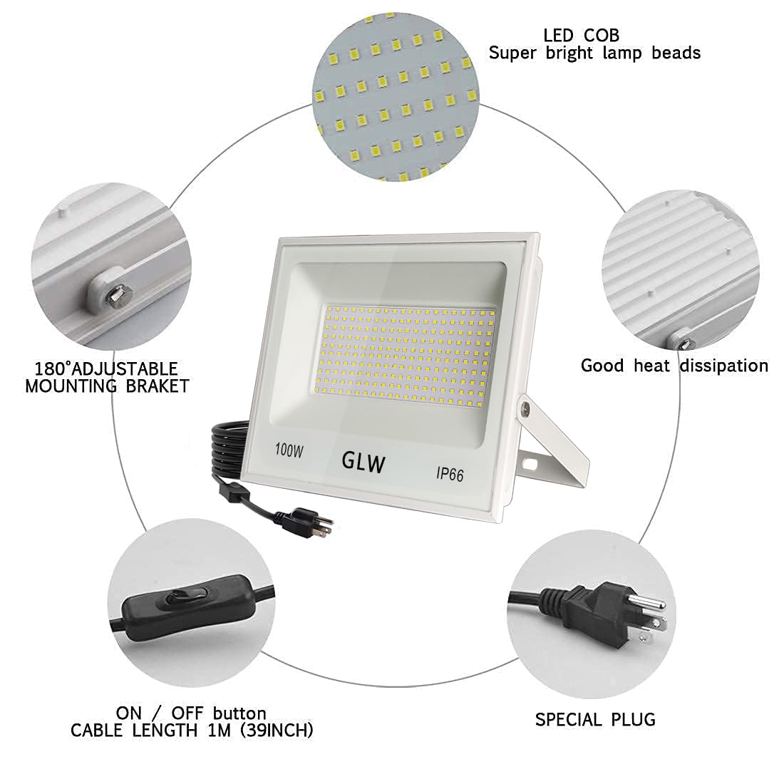 GLW 100W LED Flood Lights - 3 Pack, 10000LM, IP66 Waterproof, 6000K Daylight for Outdoor Use, Metal Construction