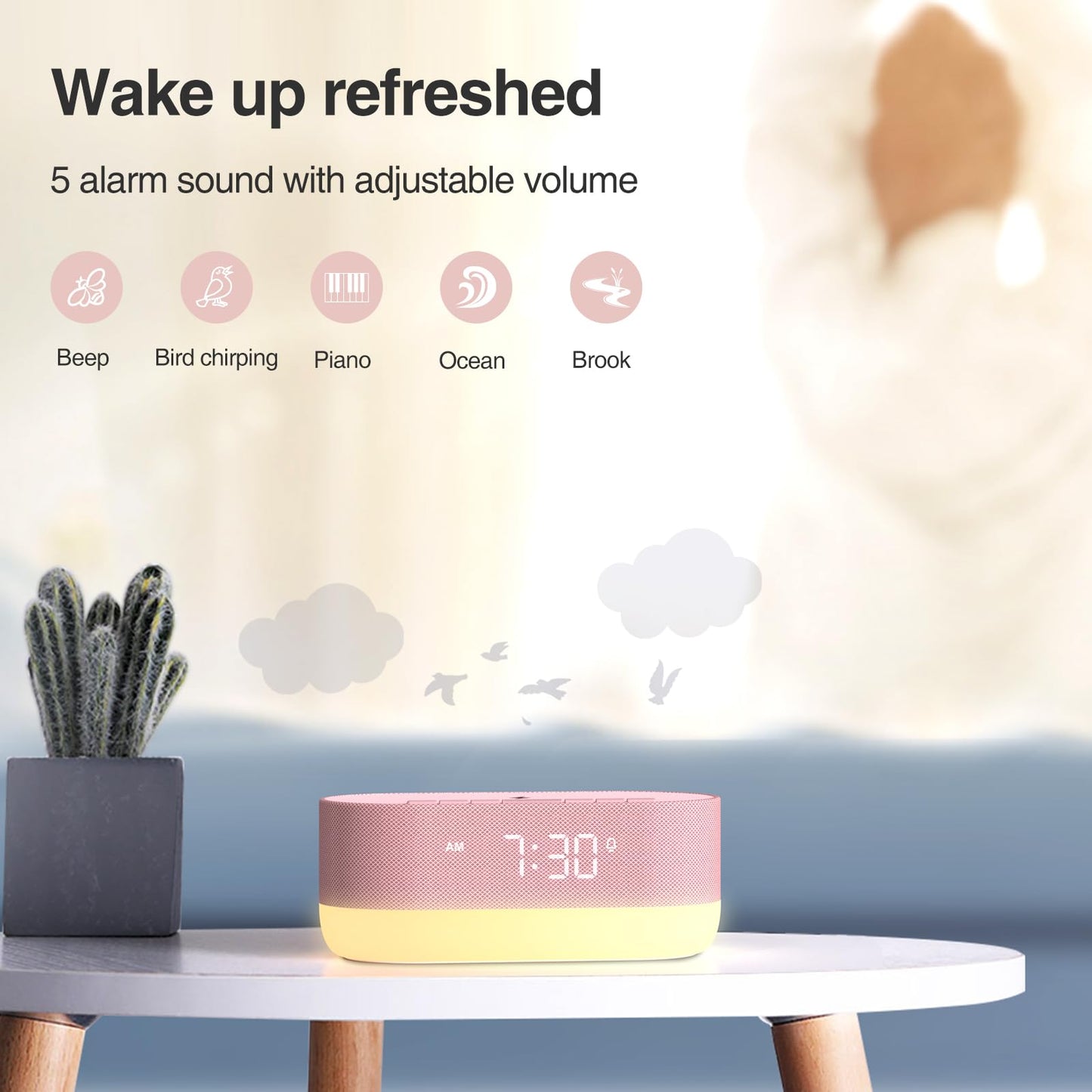 HOUSBAY Sound Machine with Alarm Clock for Bedrooms, Dual Speakers, 21 HiFi Sounds, 10W Wireless Charger, Unlimited Sound, Bluetooth, 10 Night Light, White Noise Machine for Sleeping, Pink