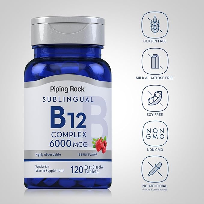 Piping Rock Sublingual B12 Complex 6000 mcg | 120 Fast Dissolve Tablets | Berry Flavor | Vegetarian, Non-GMO & Gluten Free