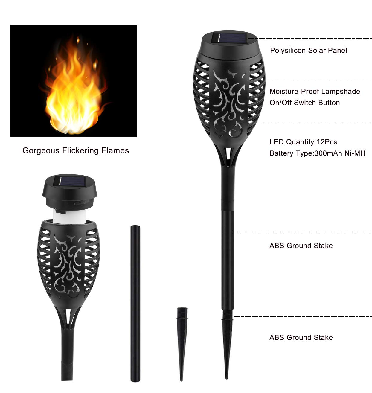 Kurifier Solar Tiki Torches - 12Pack Waterproof Outdoor Lights with Flickering Flame for Garden, Patio, Pool Decor - Model Solar Outdoor Lights-002