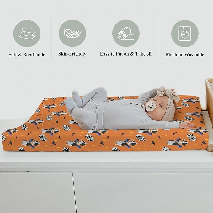 Halloween Cow Bats Pumpkins Baby Changing Pad Covers for Boy Girl Cute Cows Moon Stars Fitted Change Table Pad Covers Mats Spooky Farm Animal Soft Diaper Change Table Cover Sheets 32''×16'' Orange