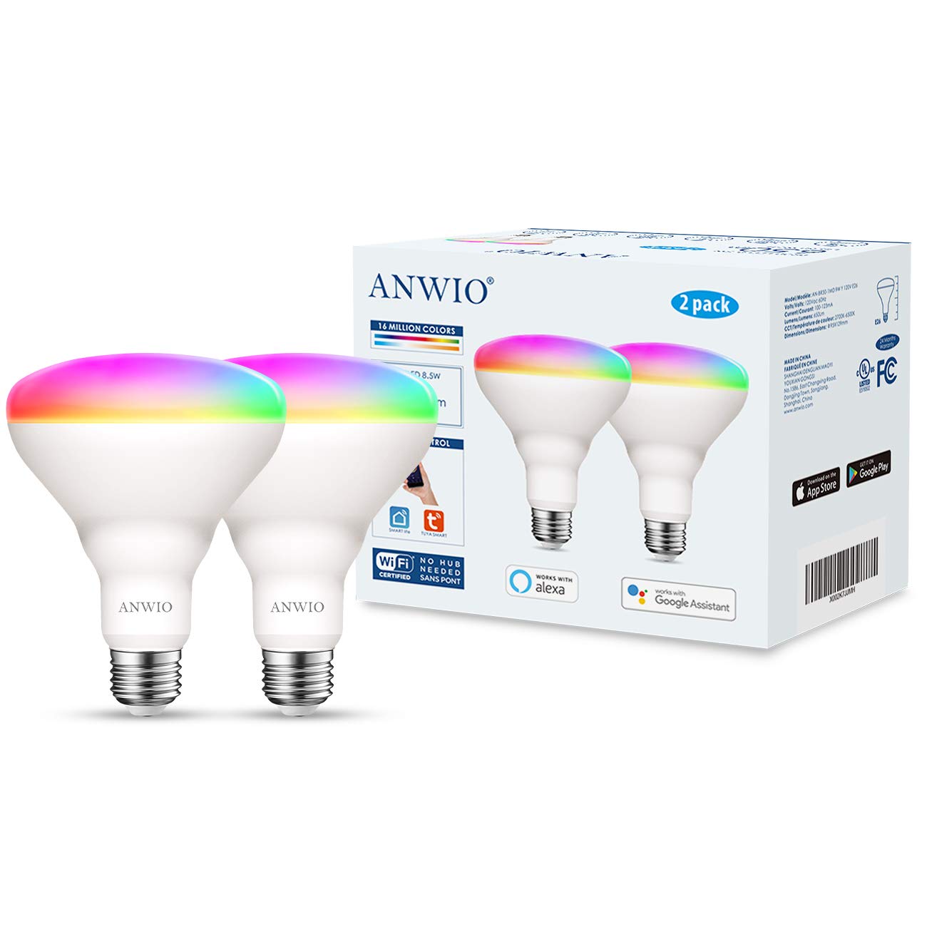 ANWIO Smart Light Bulb BR30 RGB LED WiFi Dimmable E26 Base 8.5W 650 Lumen 2 Pack