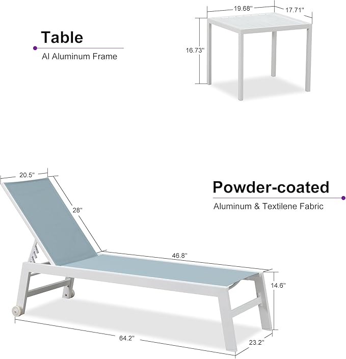 PURPLE LEAF Lounge Chair Outdoor Set of 4 White Aluminum Lounge Chairs with Wheels and Table Outdoor Chaise Lounge for Patio Pool Yard, Steel Blue