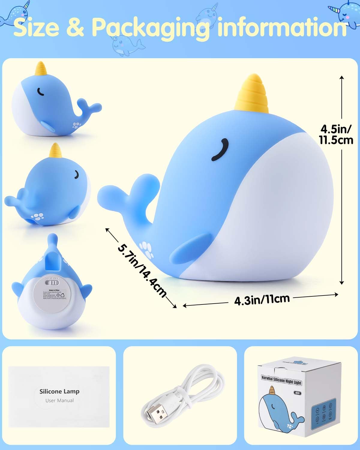Fuloon Narwhal Night Light With Whale Shape  Squishy Silicone Kids Lamp  Safe & Soothing Touch Control For Kids And Babies  Usb-C Rechargeable  30-Min Auto Timer  Gift Idea (Blue)