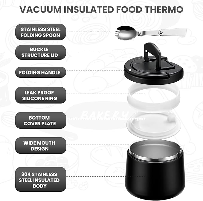 Soup Thermo for Hot Food Kids 14oz Lunch Containers with Buckle Lid Wide Mouth Hot Food Jar Vacuum Insulated Stainless Steel Bento Box Leakproof with Spoon(Black)