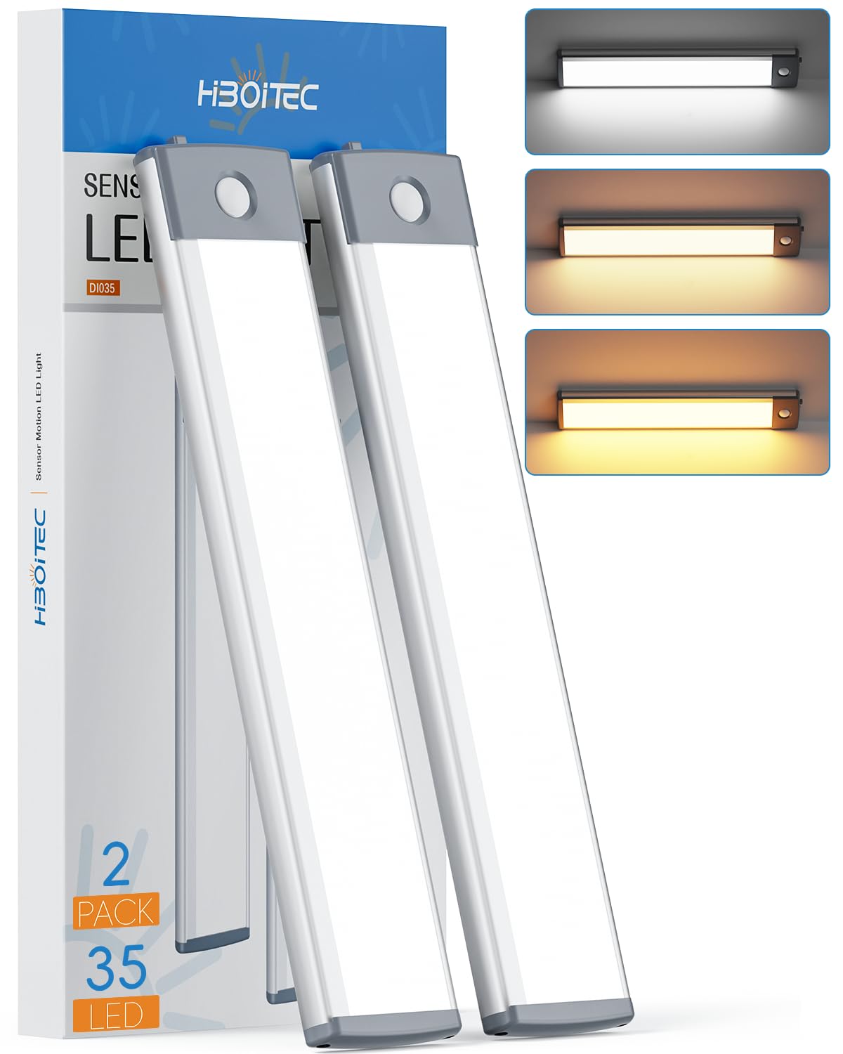 HIBOITEC Under Cabinet Lights, 35LED, Wireless Rechargeable, 3 Color Temperatures, 8inch Size, 2 Pack