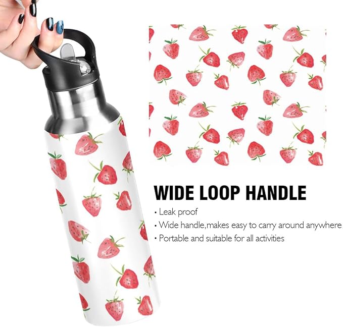 ALAZA Watercolor Strawberries Fruits Water Bottle With Straw Lids Boys Girls,Vacuum Insulated Leakproof Stainless-Steel Sports Bottle Thermal Flask For Gym Yoga Camping,20Oz (600Ml)