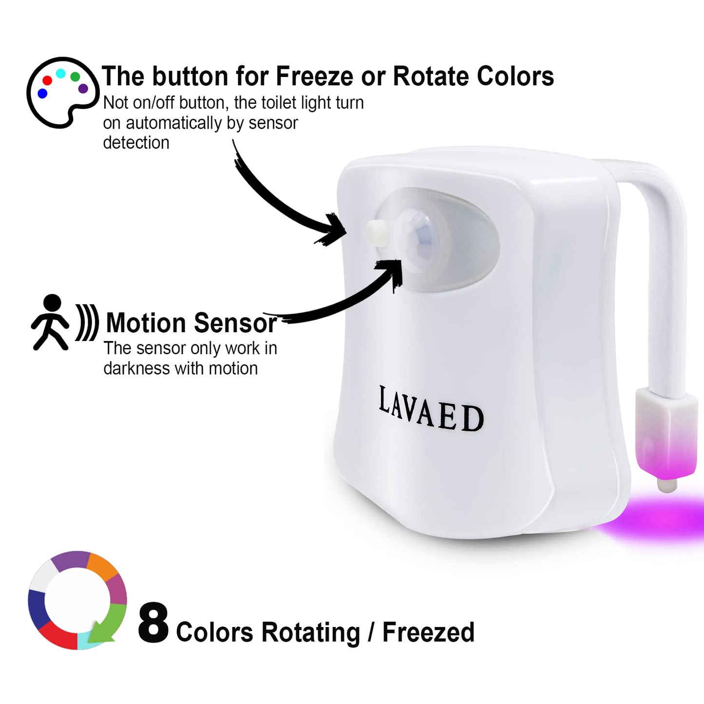 Lavaed Motion Sensor Toilet Night Light - 8-Color Changes, Plastic, 1 Pack, Model Tnl-Main