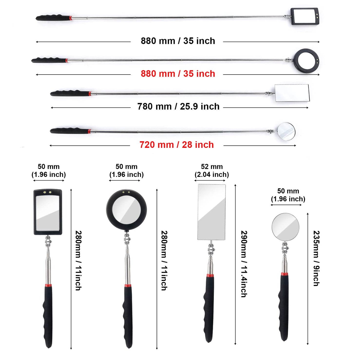 KABUDA 4PCS Telescoping Inspection Mirror LED Lighted Inspection Mirror for Mechanic Checking Vehicle, Car, Eyelashes, Mouth, Small Parts Observation (Extendable, Rectangle & Round)