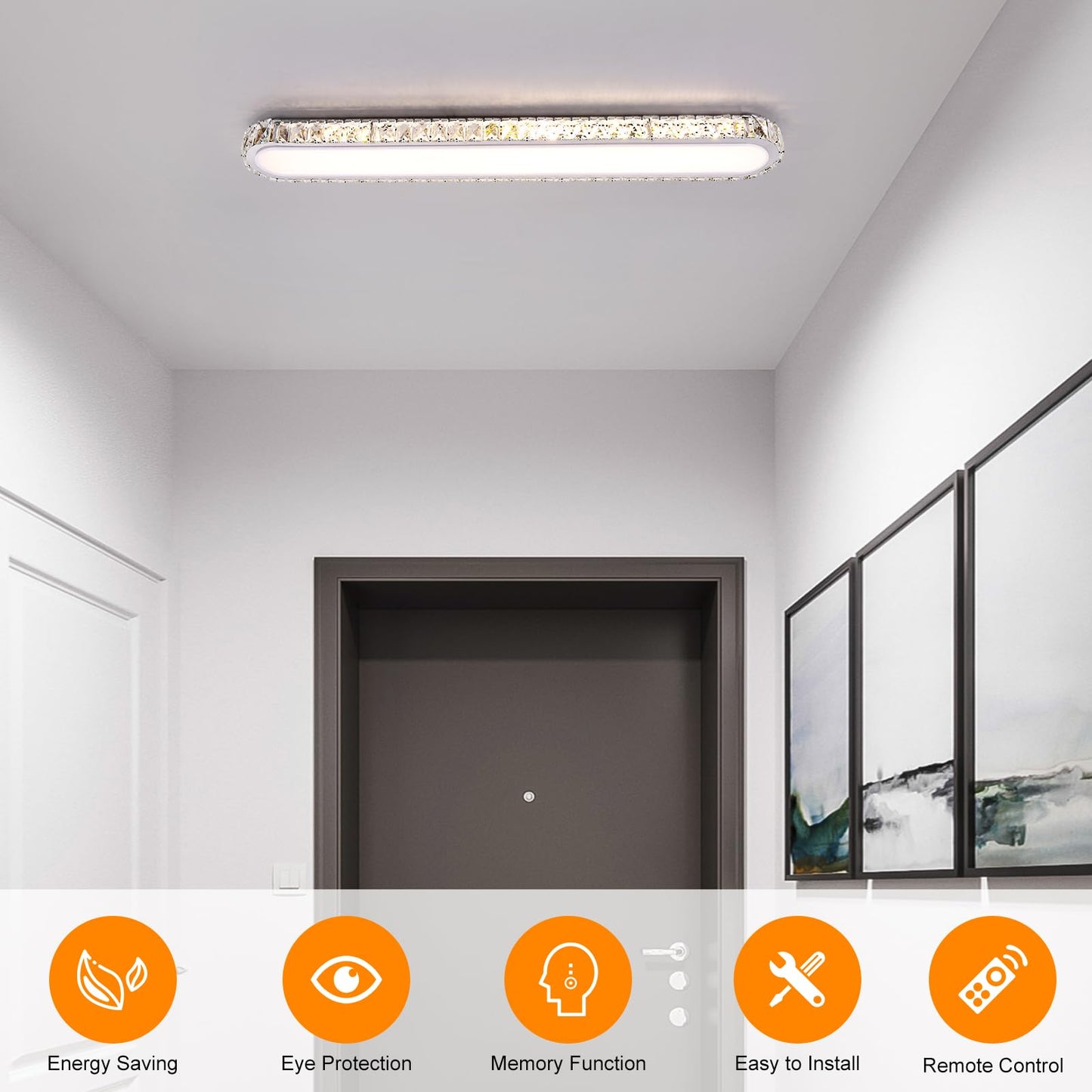 Qcyuui Dimmable Led Ceiling Light 39.4 Kitchen Lighting Fixtures Ceiling Modern stylish Crystal Ceiling Light With Remote Chrome Long Ceiling Light Fixture For Kitchen Dining Room Hallway 48W