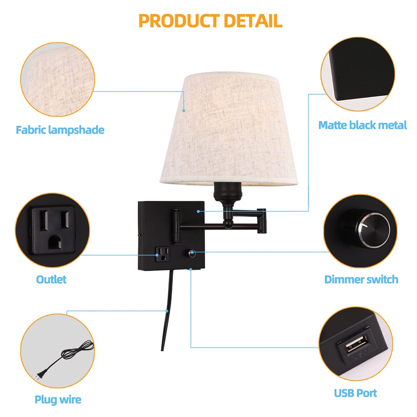 Affsure Bedside Wall Mount Light, Dimmable Switch, USB Port, Black, Metal, Model 619191209705